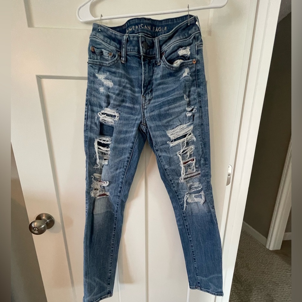 American Eagle Outfitters Blue Distressed Straight Jeans Airflex +
